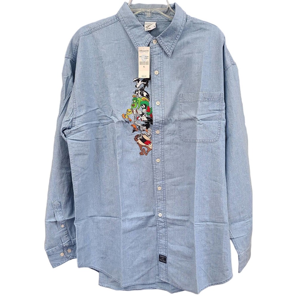 Vtg Looney Toons Shirt L Blue Chambray Button Long Sleeve Warner Bros Unisex